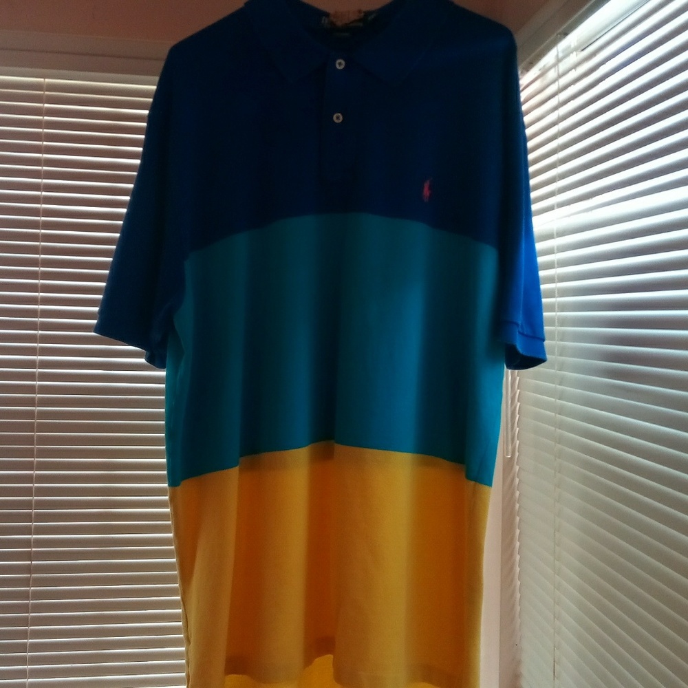 Blue teal yellow polo shirt with the orange horse